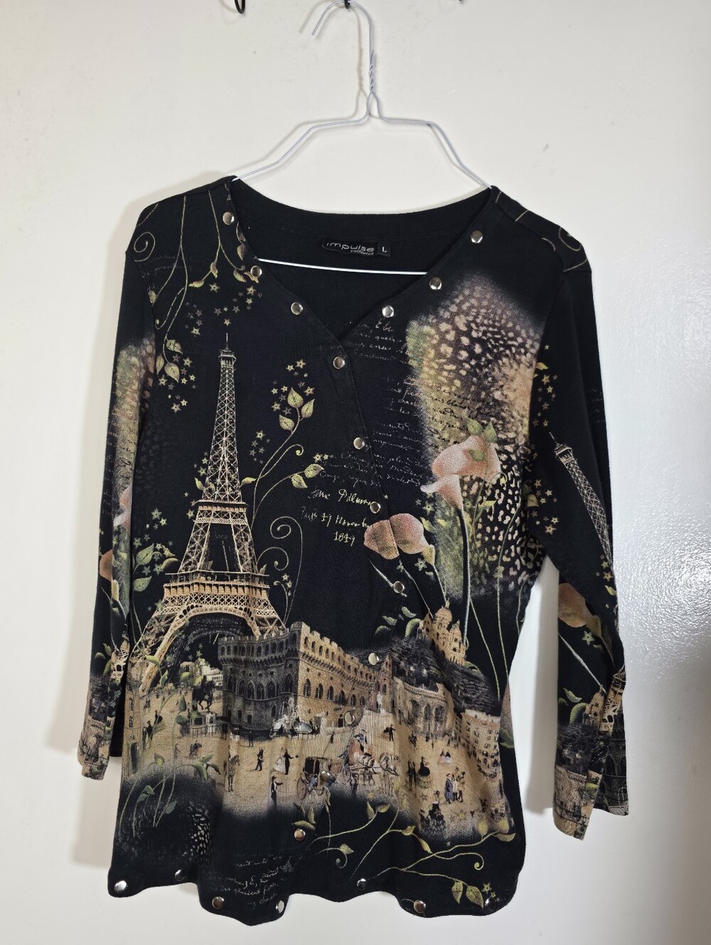 Y2K Paris patterned 3/4 sleeve blouse L